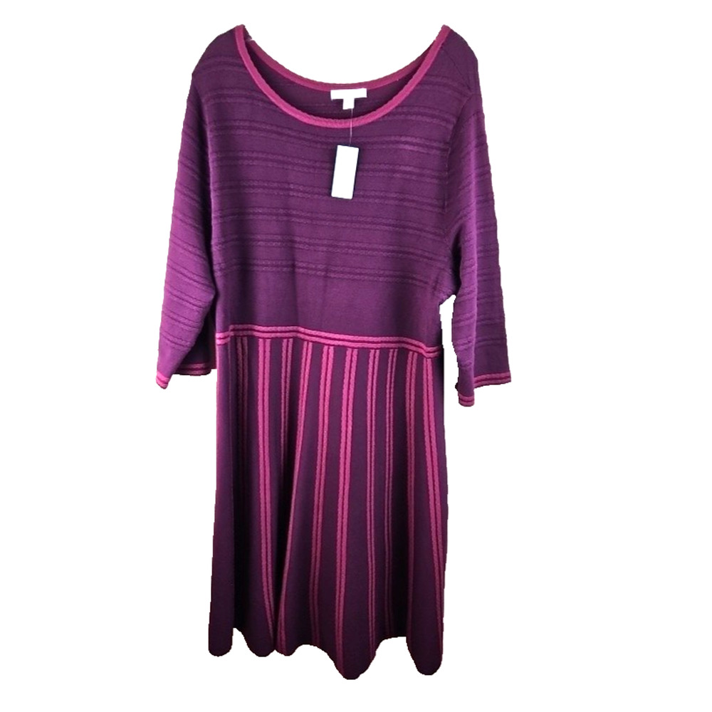 Dressbarn Sweater Dress Womens 2X Maroon Ribbed Flattering 3/4 Sleeve NWT